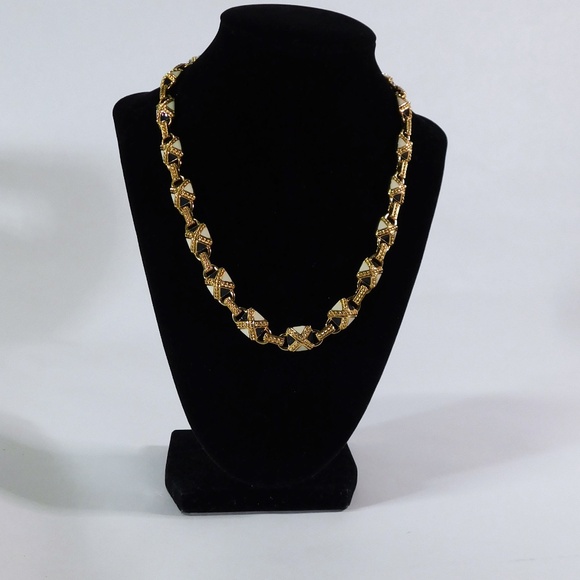 Monet Gold Tone Black and White Enamel Chocker Necklace Vintage - Picture 1 of 8